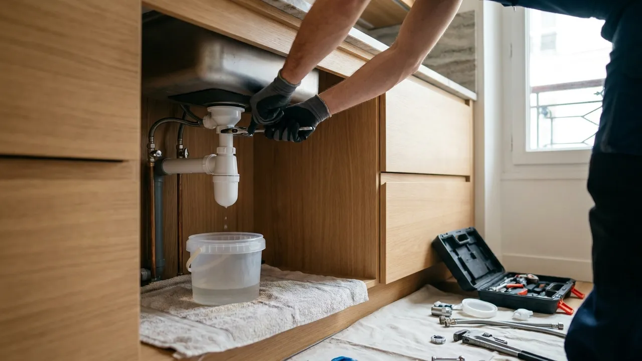 Inspection d’un siphon et des raccords sous un évier de cuisine dans un appartement de Poissy